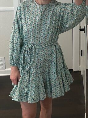 Storia Mint Green Floral Ruffle Mini Dress